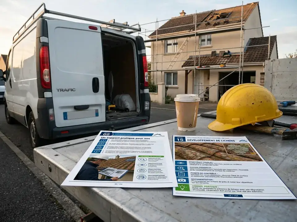 Fiches imprimées posées près d'une camionnette sur un chantier de toiture