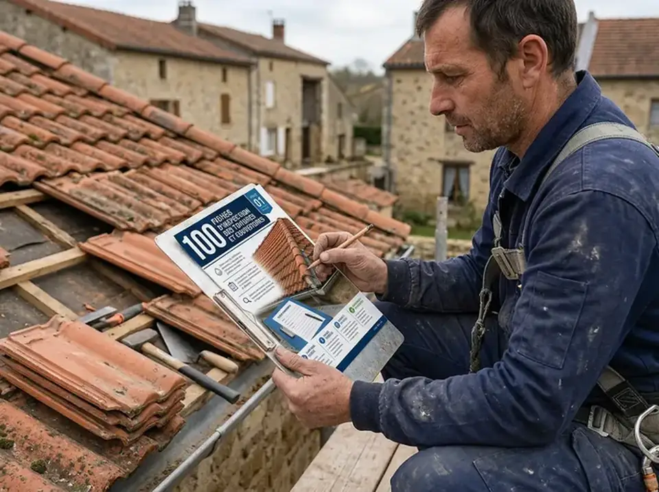 Un couvreur consulte une fiche sur un toit en tuiles en réparation