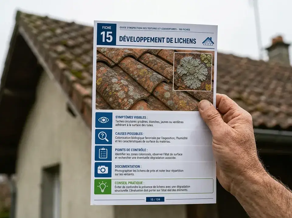 Une main tient une fiche A4 d'inspection devant une toiture