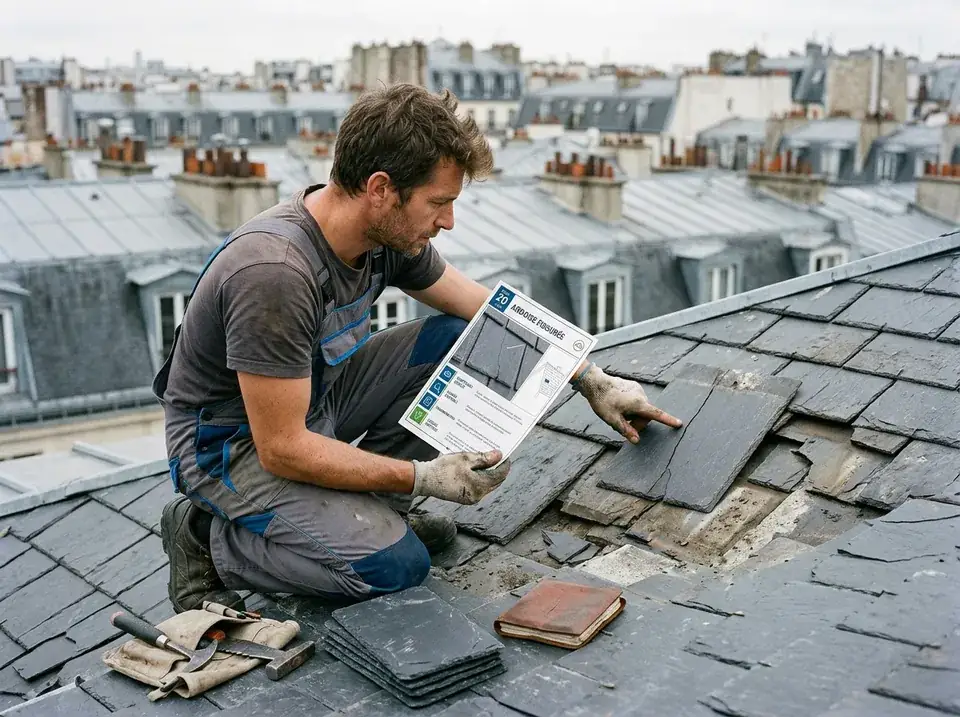 Un technicien compare la fiche à une ardoise fissurée sur le toit